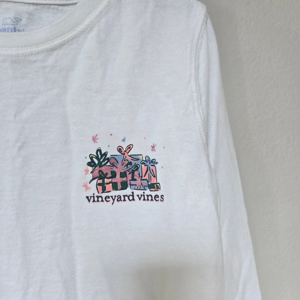 Vineyard Vines Graphic Tee Kids 7 White Holiday Car Long Sleeve Christmas Shirt
